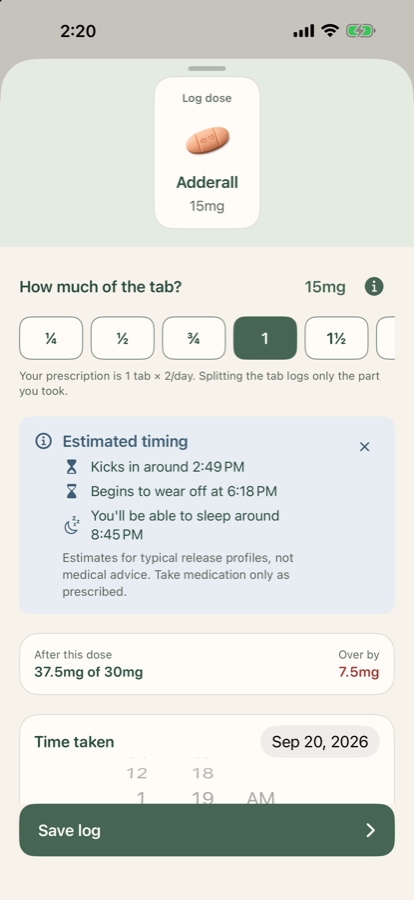 Halftab log sheet with a half-tab selected