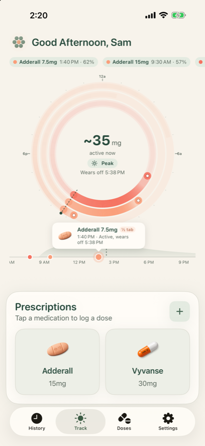 Halftab rings view showing three doses on a 24-hour clock